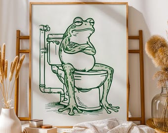 Frog Art Print, Frog On Toilet Green Art Print, Retro Frog Poster, Vintage Print, Funny Bathroom Art, Digital Download, Home Toilet Art Gift
