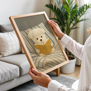 Dog Reading Wall Art Print – Cozy Dog in Bed Illustration, Book Lover Poster, Whimsical Animal Artwork, Digital Dog Print for Bedroom Decor