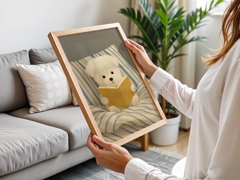 Dog Reading Wall Art Print – Cozy Dog in Bed Illustration, Book Lover Poster, Whimsical Animal Artwork, Digital Dog Print for Bedroom Decor
