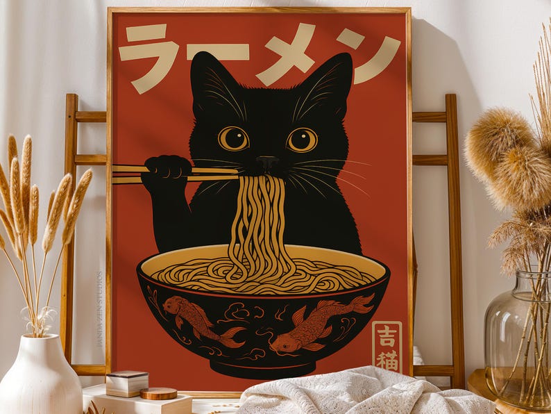 Vintage Cat Ramen Wall Art, Japanese Retro Kitchen Poster, Funny Noodle Cat Print, Quirky Cat Illustration Art Decor, Cute Digital Download