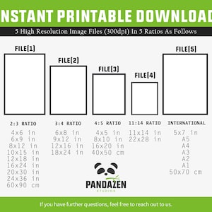 Puede incluir: Una imagen de descarga digital con proporciones y dimensiones en cent&iacute;metros y pulgadas. La imagen incluye el texto "INSTANT PRINTABLE DOWNLOAD" y "PANDAZEN STUDIOS". La imagen muestra cinco opciones de archivos con varias relaciones de aspecto y tama&ntilde;os, incluyendo 4x6 in, 6x8 in, 4x5 in, 11x14 in, y 50x70 cm.