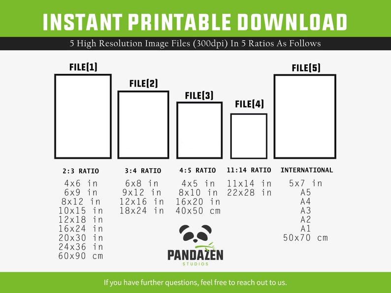 Puede incluir: Una imagen de descarga digital con proporciones y dimensiones en cent&iacute;metros y pulgadas. La imagen incluye el texto "INSTANT PRINTABLE DOWNLOAD" y "PANDAZEN STUDIOS". La imagen muestra cinco opciones de archivos con varias relaciones de aspecto y tama&ntilde;os, incluyendo 4x6 in, 6x8 in, 4x5 in, 11x14 in, y 50x70 cm.