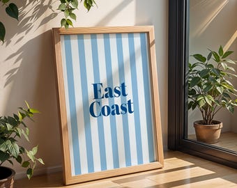East Coast Blue Striped Wall Art, Preppy Coastal Home Decor, Nautical Wall Print for Beach House & Ocean-Inspired Interior, Digital Download