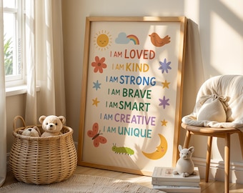 Kids Affirmation Print, Positive I Am Poster, Growth Mindset Wall Art, Digital Download for Classroom, Motivational Nursery & Playroom Decor