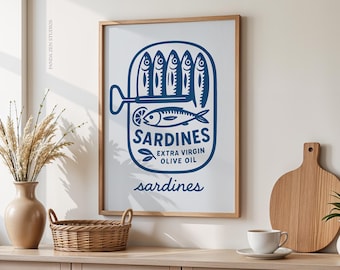 Tinned Sardines Kitchen Wall Art, Coastal Retro Print in Navy Blue, Vintage Food Illustration Art, Trendy Digital Download for Kitchen Decor