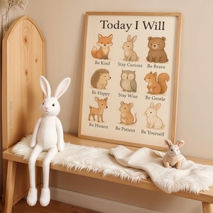 May include: A framed print with the text "Today I Will" and illustrations of animals, including a fox, rabbit, and bear. A large white stuffed rabbit sits on a wooden bench with a faux fur throw, alongside a smaller rabbit toy.