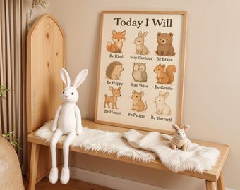 Impresión de afirmación para habitación infantil, cita infantil inspirada en Winnie the Pooh, arte de pared para habitación infantil "Hoy voy a", decoración clásica para habitación infantil de Pooh, descarga digital
