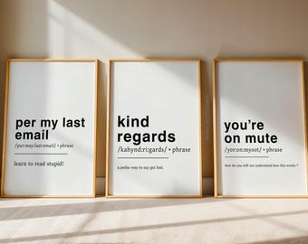 Home Office Set of 3 Prints, Home Office Decor, Definition Prints, You're On Mute, Funny Wall Art, Work From Home, Home Prints, Email Poster