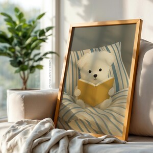 Dog Reading Wall Art Print – Cozy Dog in Bed Illustration, Book Lover Poster, Whimsical Animal Artwork, Digital Dog Print for Bedroom Decor