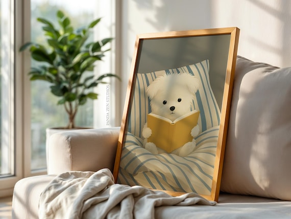 Dog Reading Wall Art Print, Cozy Dog in Bed Illustration, Book Lover Poster, Whimsical Animal Artwork, Digital Dog Print for Bedroom Decor