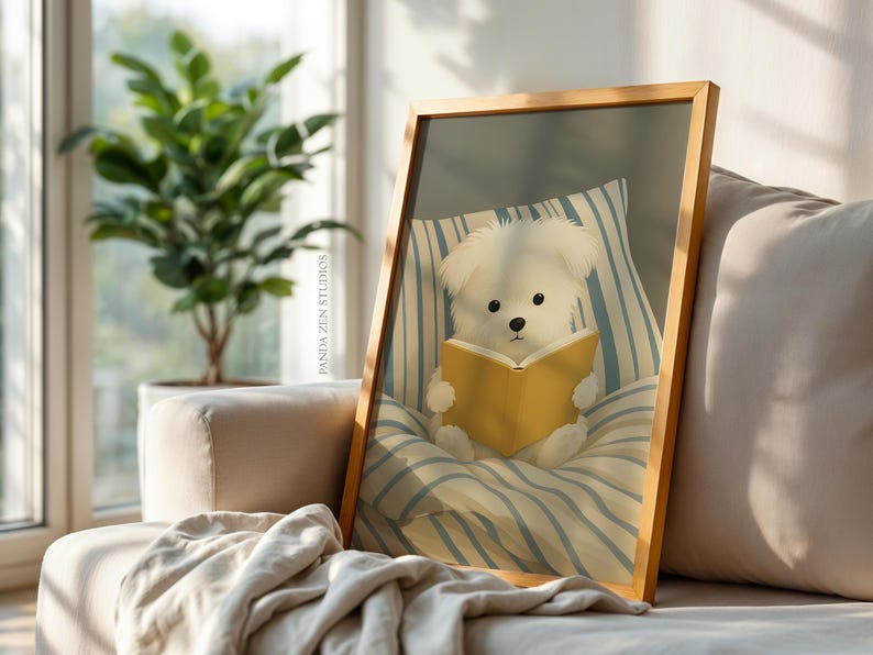 Dog Reading Wall Art Print – Cozy Dog in Bed Illustration, Book Lover Poster, Whimsical Animal Artwork, Digital Dog Print for Bedroom Decor