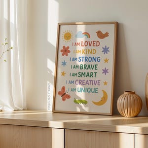 Kids Affirmation Print, Positive I Am Poster, Growth Mindset Wall Art, Digital Download for Classroom, Motivational Nursery & Playroom Decor