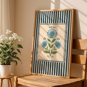 Blue & Green Floral Wall Art, Botanical Chinoiserie Digital Download, Elegant Grandmillennial Preppy Home Decor, Modern Classic Wall Print