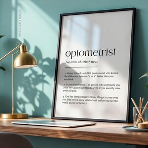 Impresión de definición de optometrista, arte mural para consultorio oftalmológico, decoración para especialistas en visión, póster de optometrista graduado, regalo para el Día Nacional del Médico