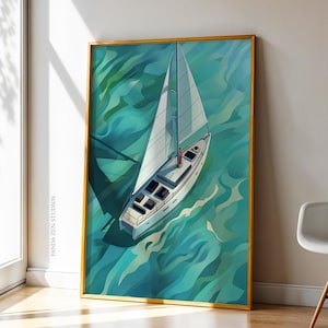 Luxury Yacht Digital Art Print, Coastal Wall Art Photography, Nautical Ocean Boat Poster, Sailing Decor for Beach House or Modern Interior