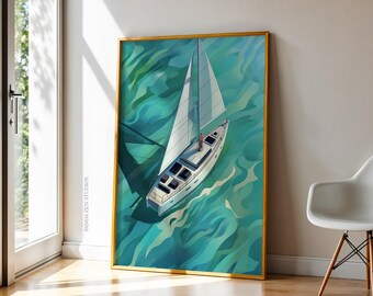 Impresión artística digital de yate de lujo, fotografía de arte mural costero, póster de barco náutico oceánico, decoración de vela para casa de playa o interior moderno.