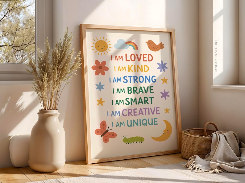 Kids Affirmation Print, Positive I Am Poster, Growth Mindset Wall Art, Digital Download for Classroom, Motivational Nursery & Playroom Decor