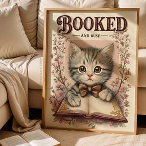 Booked and Busy Print, Vintage Cat Art, Girls Room Reading Poster, Bookish Muted Pink Printable Wall Art, Book Lover Gift, Digital Download