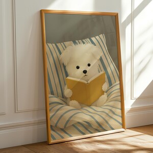 Dog Reading Wall Art Print – Cozy Dog in Bed Illustration, Book Lover Poster, Whimsical Animal Artwork, Digital Dog Print for Bedroom Decor