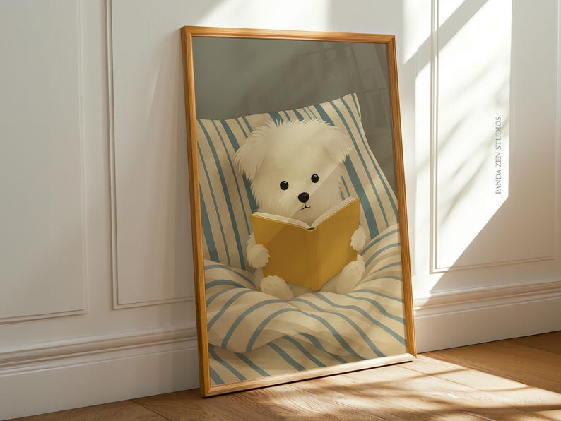 Dog Reading Wall Art Print – Cozy Dog in Bed Illustration, Book Lover Poster, Whimsical Animal Artwork, Digital Dog Print for Bedroom Decor