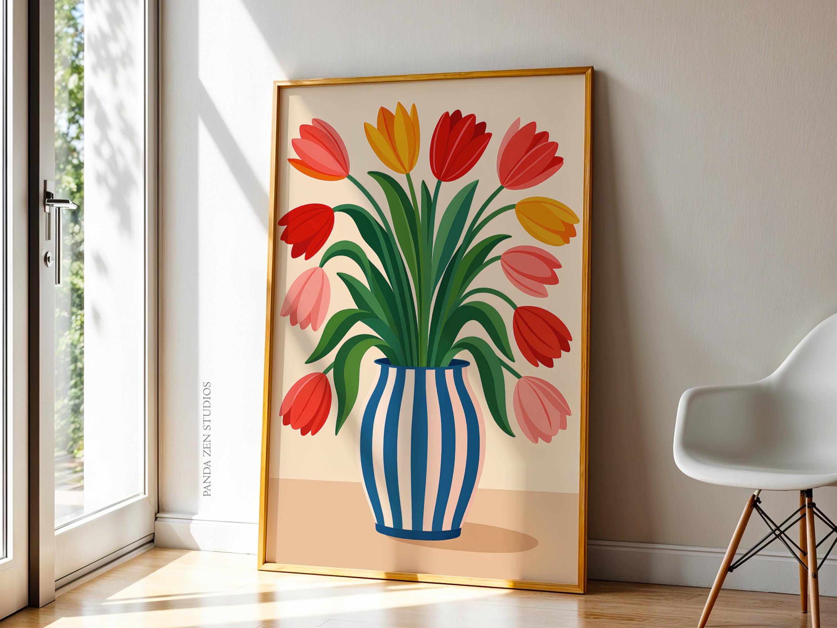 Tulip Modern Floral Vase Prints, Bold Botanical Wall Decor, Colorful ...