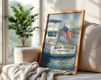 Vintage Yacht American Flag Poster, Nautical Coastal Wall Art, Old Money Preppy Decor, Patriotic Maritime Art Print, Nantucket Summer Style
