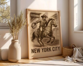 Vintage Cowboy NYC Subway Poster, Black and White Western Wall Art, Retro Cowboy Sports Print, Urban Country Decor, Digital Download Print