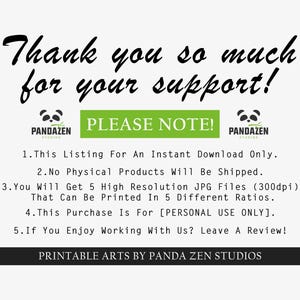 May include: White background with black script reading "Thank you so much for your support!" and a green rectangle with "PLEASE NOTE!" in white. Includes text about instant downloads and personal use. Panda Zen Studios logo.