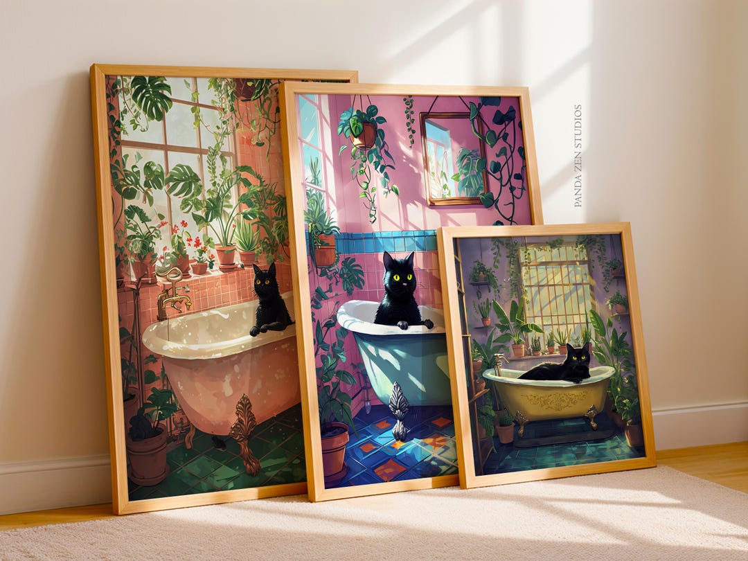Funny Cat Bathroom Wall Art Set of 3, Orange Cat Bathtub Poster ...