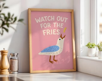 Funny Seagull Wall Art Printable, Cute Beach Poster with French Fries, Coastal Bathroom Art Decor, Trendy Ocean-Inspired Digital Download