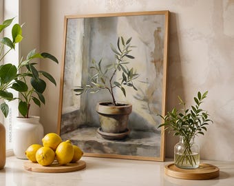 Olijfboomstilleven afdrukbare muurkunst, vintage botanische digitale download, mediterrane rustieke kunstdecor, keuken- of eetkamerkunstwerk