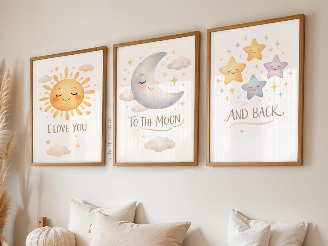Set of 3 Celestial Nursery Wall Art Printables, Sun Moon Stars Decor ...