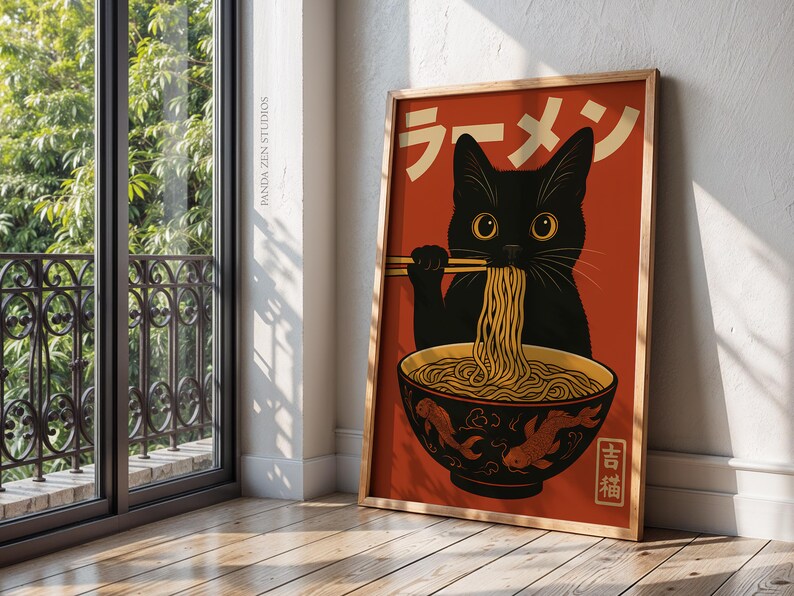 Vintage Cat Ramen Wall Art, Japanese Retro Kitchen Poster, Funny Noodle Cat Print, Quirky Cat Illustration Art Decor, Cute Digital Download
