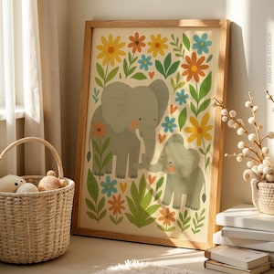 Eric the Elephant Nursery Wall Art, Colorful Jungle Animal Print for Kids Room, Bright Illustration Baby Shower Poster Gift Digital Download
