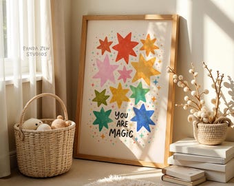 Arte de pared imprimible "Eres mágico" para habitación infantil, decoración de estrellas de colores, impresión de bebé con afirmaciones positivas, póster para sala de juegos, descarga instantánea