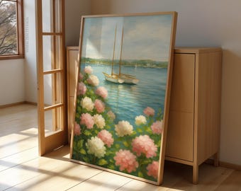 Sailboats and Hydrangeas Coastal Printable Wall Art, Nautical Poster Decor, Ocean Cottagecore Floral Print, Pink Coastal Digital Download
