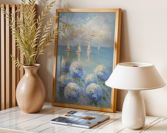 Poster costiero con barche a vela, stampabile con ortensie blu in fiore, decorazione per casa al mare, regalo costiero per nipote, download digitale dell'oceano