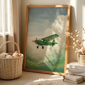 Vintage Airplane Nursery Wall Art, Watercolor Aviation Print for Baby Boy Room, Rustic Cloudy Sky Nursery Decor, Kids Room Digital Download