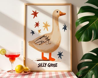 Silly Goose Print, Retro Wall Art, Quirky Wall, Nursery Art, Trendy Wall Art, Apartment Decor, Cottage Core Decor, Funny Goose Wall Art Gift
