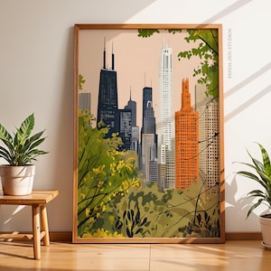 Retro Chicago Poster, Illinois Poster, City Travel Print, Soft Pink Chicago Print, Chicago Wall Art, Printable Wall Art, Digital Download