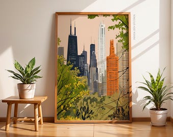 Retro Chicago Poster, Illinois Poster, City Travel Print, Soft Pink Chicago Print, Chicago Wall Art, Printable Wall Art, Digital Download