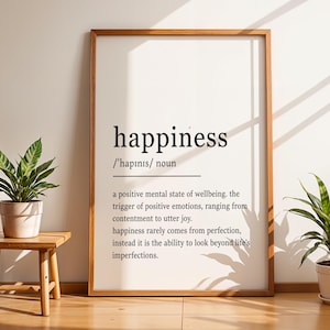 Happiness Definition Print, Happiness Wall Decor, Dictionary Art, Printable Wall Art, Inspirational Quotes, Wedding Gift Print, Gift for Her