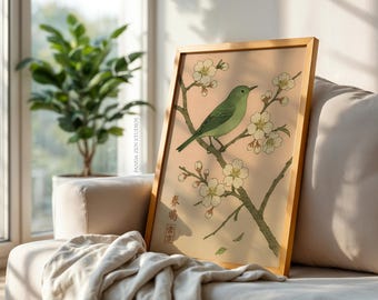Vintage Japanese Botanical Art Print, Antique Floral & Bird Wall Decor, Woodblock Style Nature Poster, Digital Download, Printable Wall Art