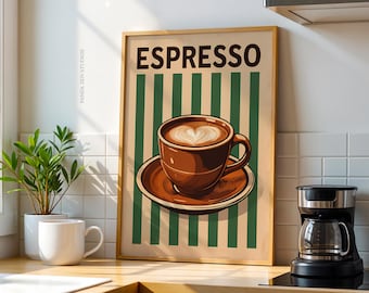Vintage Striped Espresso Coffee Print, Retro Kitchen Wall Art, Cafe Bar Poster Decor, Mid-Century Brown & Green Printable Digital Download