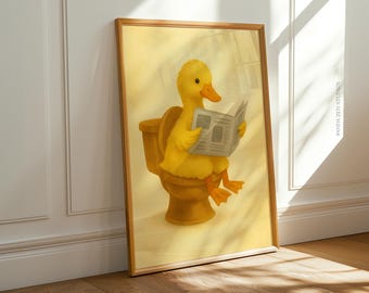 Stampa divertente con anatra per il bagno, eccentrica decorazione murale per dormitorio, poster stravagante con anatra sul water, arredo bagno divertente in stile fattoria, download digitale di arte