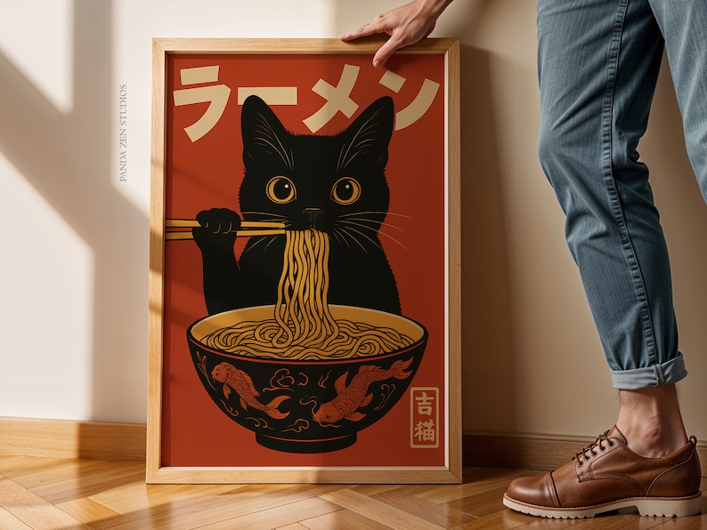 Vintage Cat Ramen Wall Art, Japanese Retro Kitchen Poster, Funny Noodle Cat Print, Quirky Cat Illustration Art Decor, Cute Digital Download