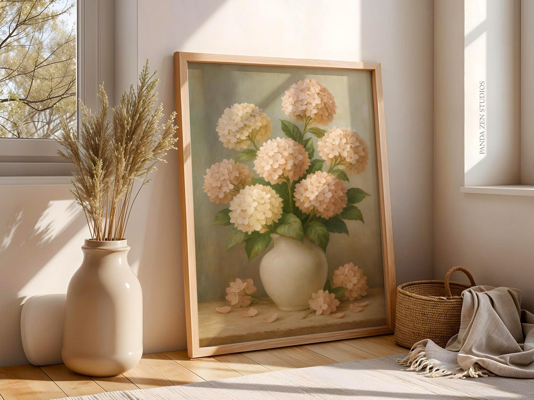 Vintage Hydrangea Floral Wall Art, Neutral Botanical Digital Print ...