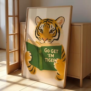 Motivational Tiger Reading Poster, Inspirational Animal Wall Art for Kids Room, Book Lover Gift, Cute Literacy Decor, Tiger Art Printable