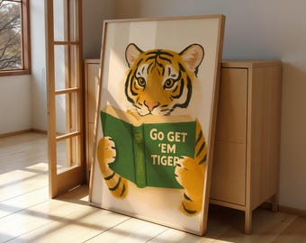 Motiverende tijgerlezingposter, inspirerende dierenmuurkunst voor kinderkamer, boekenliefhebber cadeau, leuk geletterdheidsdecor, afdrukbare tijgerkunst
