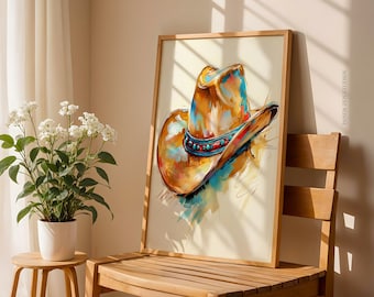 Cowgirl Hat Printable Wall Art, Western Cowgirl Poster, Rustic Cowboy Hat Oil Painting, Farmhouse Western Gift Decor, Unframed Digital Print